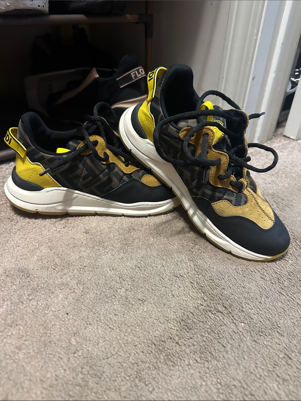Fendi Black and Yellow Low-Top Logo-Panel Sneakers 37